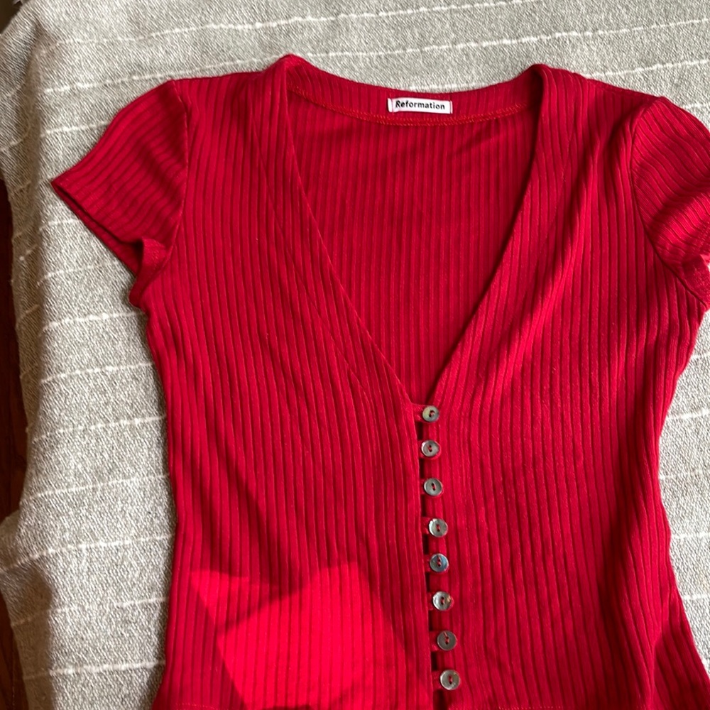 Reformation button up red top
